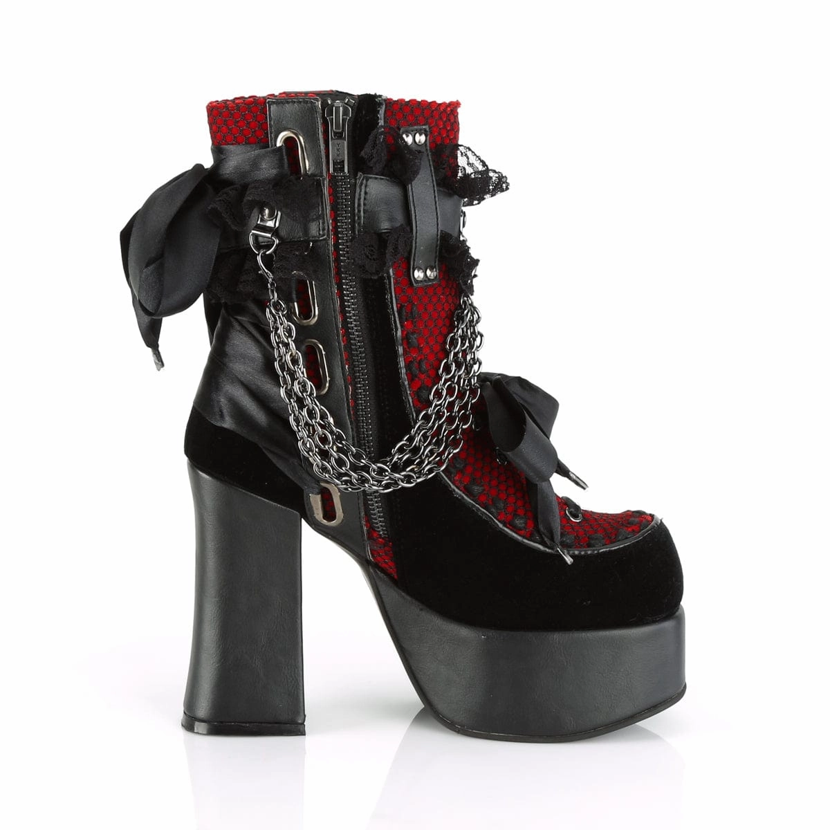 CHARADE-110 Black Vegan Leather -Red-Black Velvet-Fishnet Overlay Combat Look LaceUp