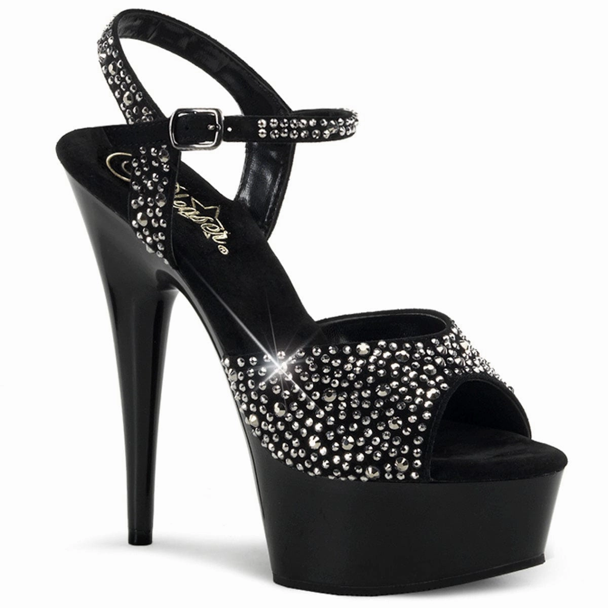 DELIGHT-609RS Black Suede-Pewter Rhinestones/ Black Fashion Sandals
