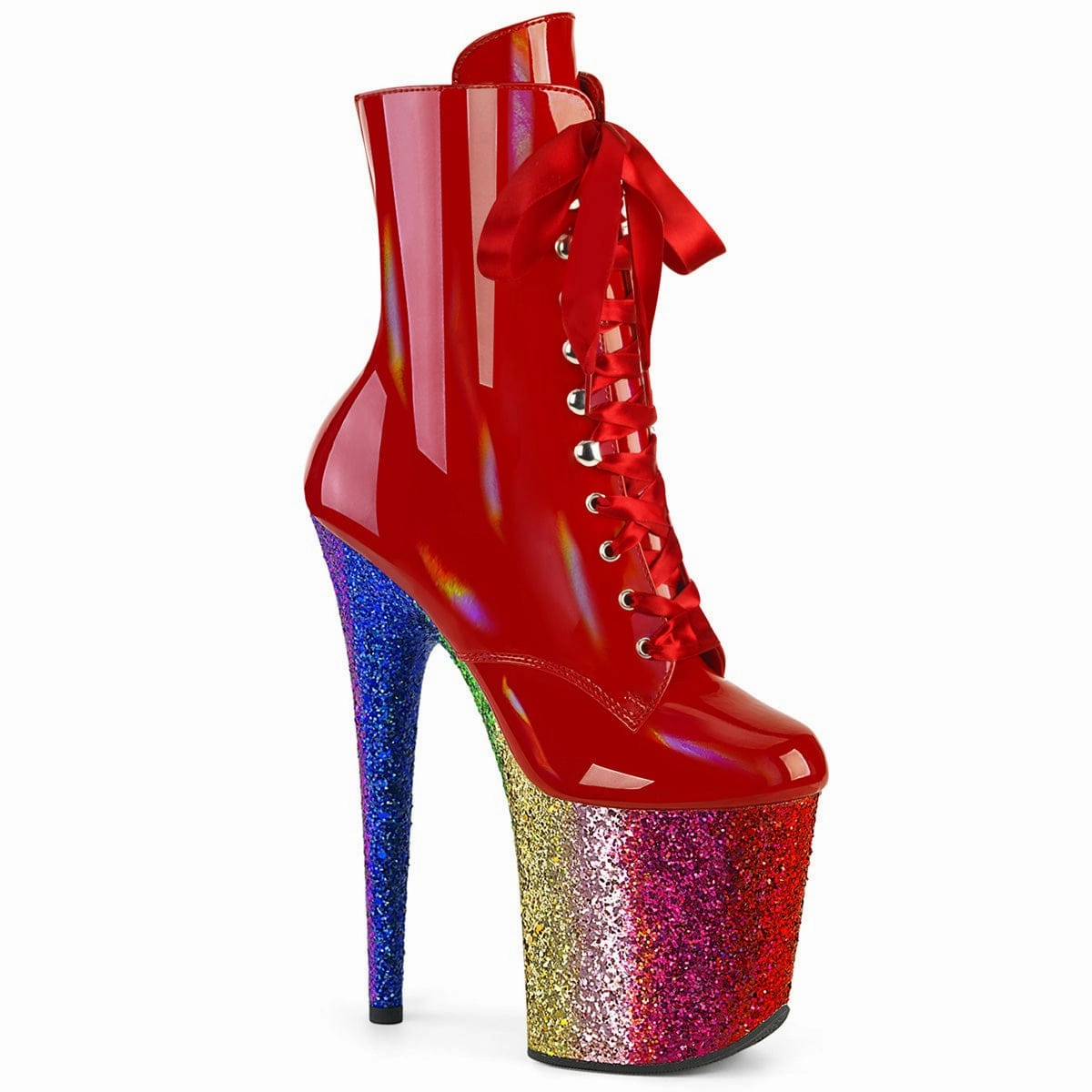 FLAMINGO-1020HG Red Hologram Patent/Rainbow Glitter Pull On Style Comfortable Boots