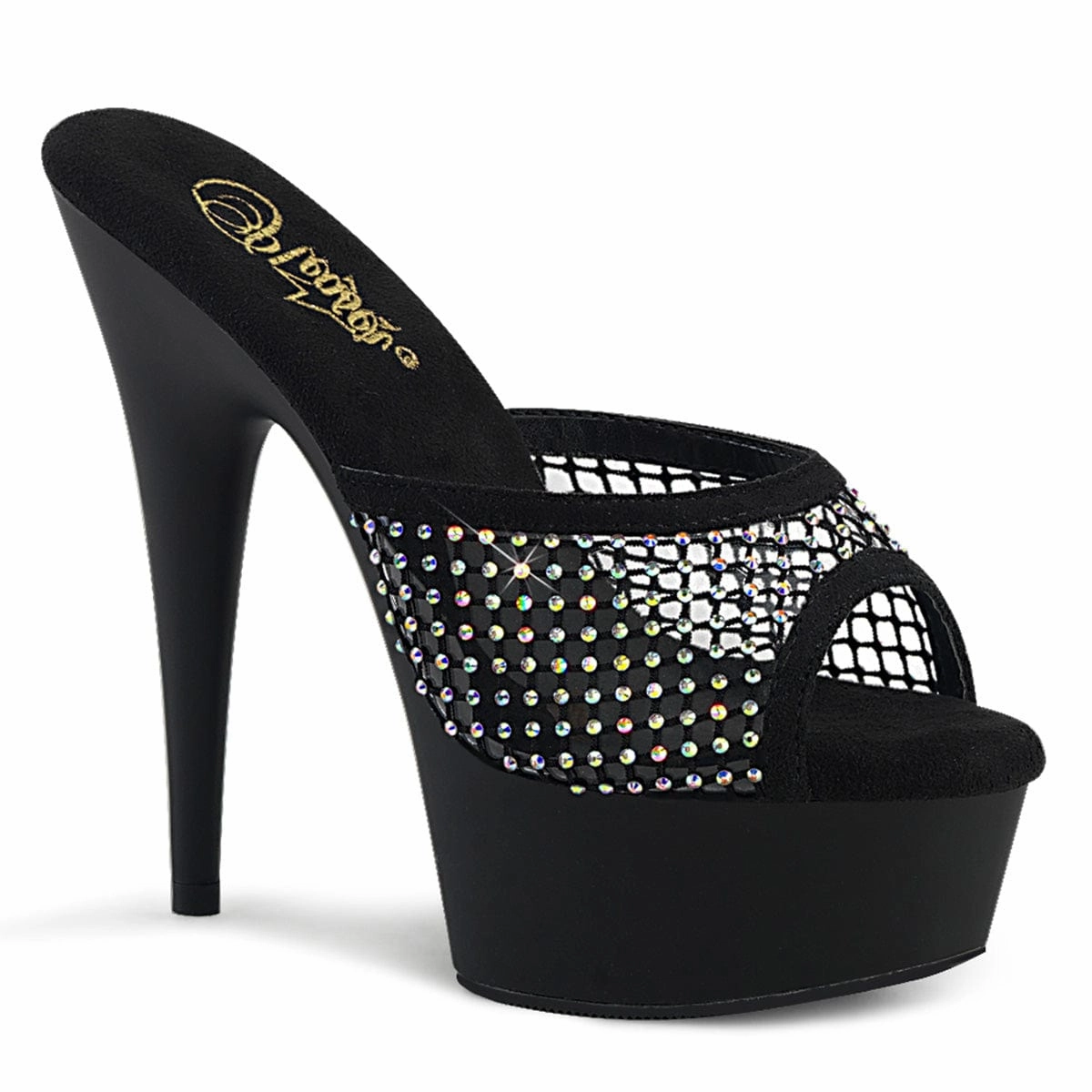 DELIGHT-601-6RM Black Faux Suede-Rhinestones Mesh/Black Matte Metallic Evening Shoes