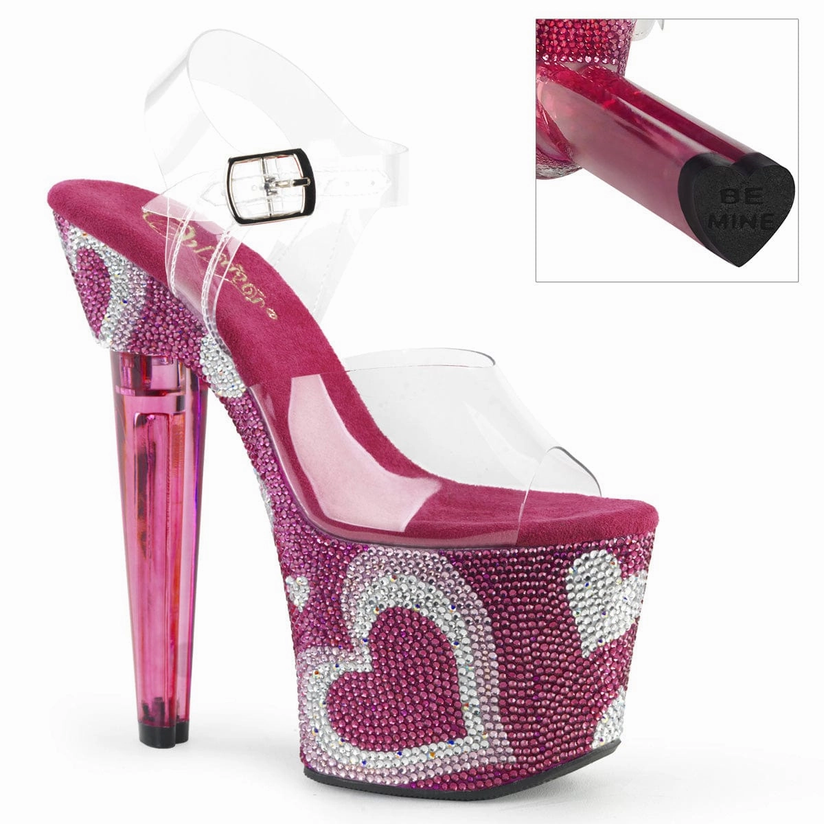 Durable Outdoor Shoes LOVESICK-708HEART Clear/Hot Pink-White Rhinestones