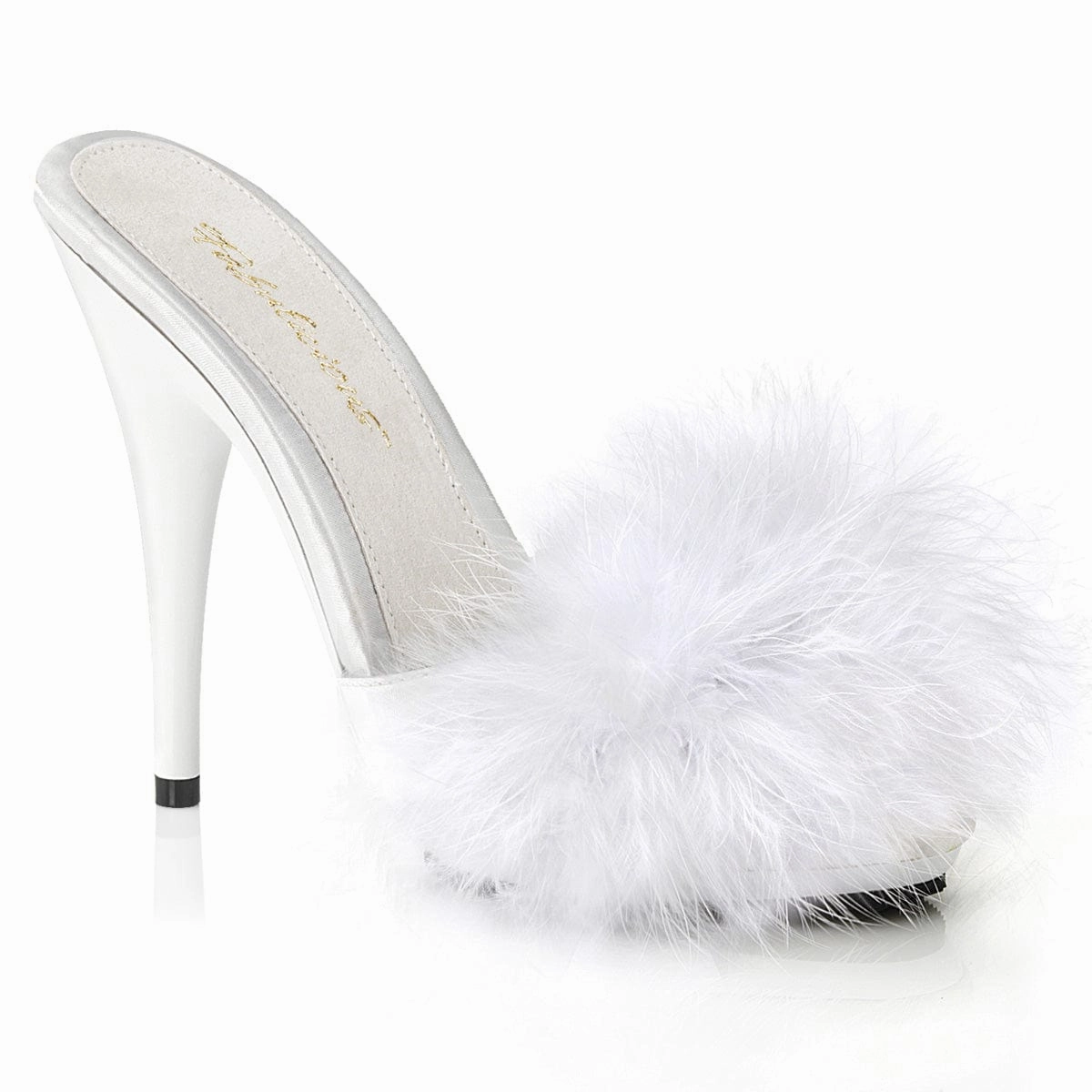 POISE-501F White Satin-Marabou Fur/White Plush Heels