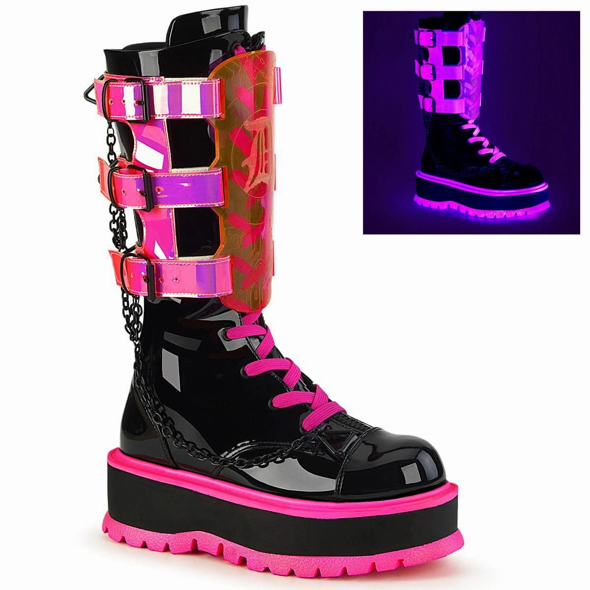 Tread Pattern SLACKER-156 Black Patent-UV Neon Pink
