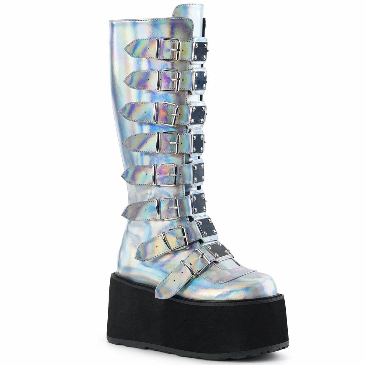 DAMNED-318 Silver Hologram Knee Boots Slim Line Curve Hug