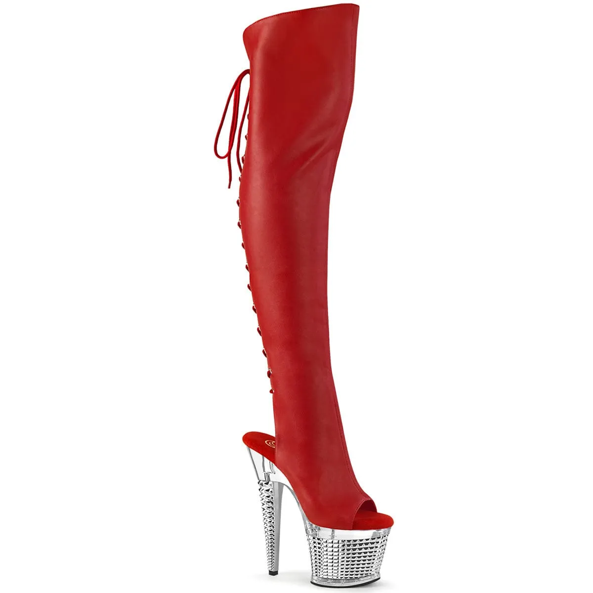 SPECTATOR-3019 Red Faux Leather/Clear-Silver Chrome Good Traction