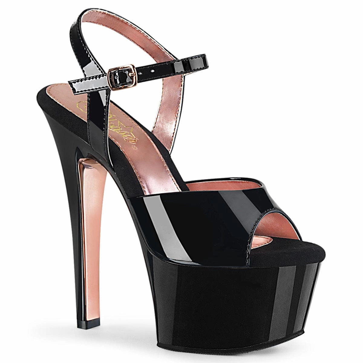 ASPIRE-609TT Black Patent/Black-Rose Gold Chrome Open Heel Shoes Modern Look