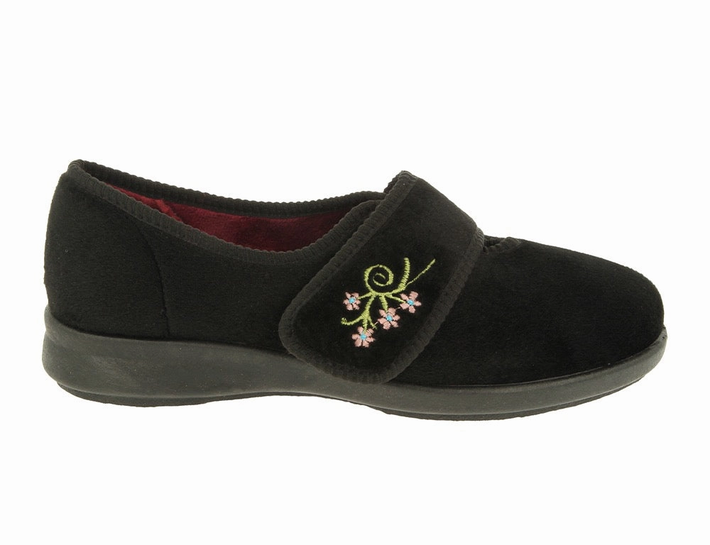 Womens Wide Fit Caroline 2 Black Slippers Breathable Upper