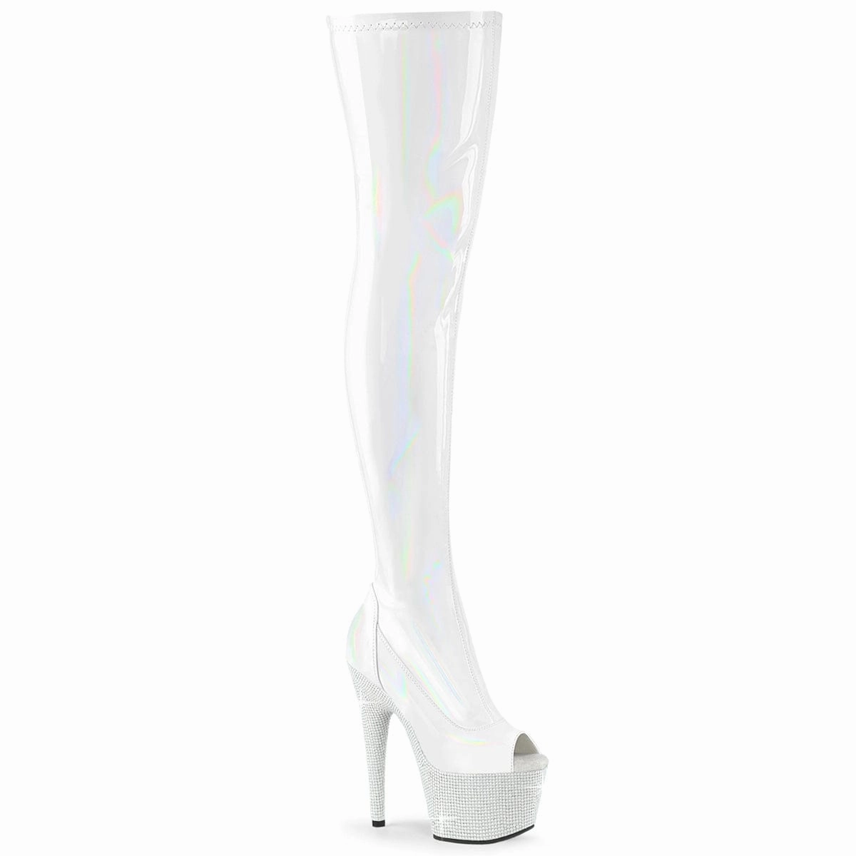 BEJEWELED-3011-7 White Stretch Hologram Patent/White Rhinestones Step Comfort Wear